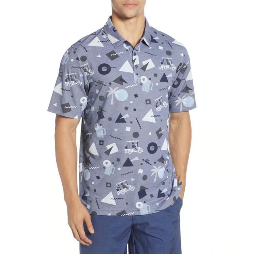 Travis Mathew Rat Pack Golf Polo Mens S Blue Graphic All Over Print Cart Cotton